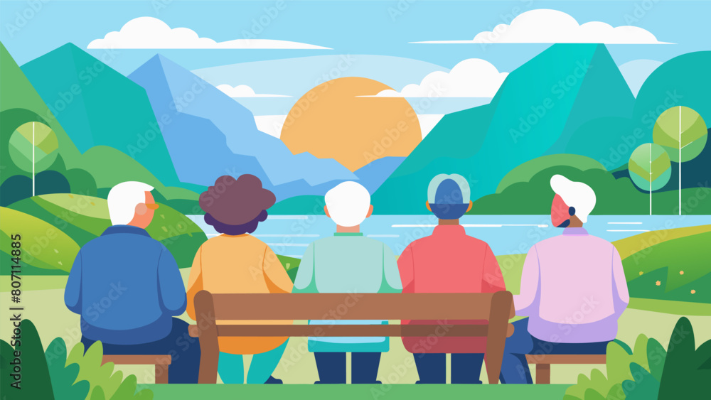 Poster a of seniors sitting on a bench taking a break from their walk and enjoying the beautiful view of a 