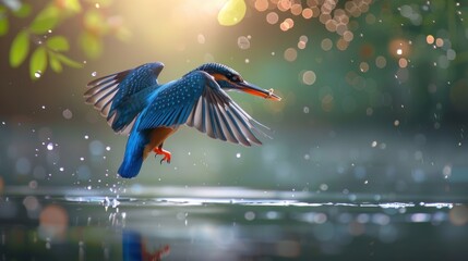 A brilliant blue Kingfisher with a vibrant orange beak dives into a calm river surrounded by lush greenery.