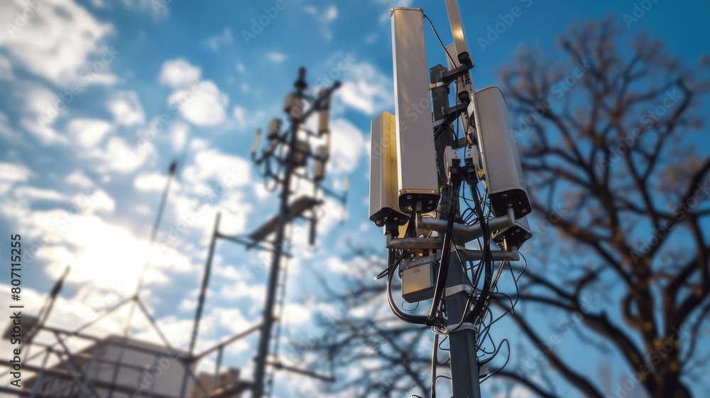Poster close-up of a 5g signal tower transmitting high-speed data to smartphones and devices, powering the 