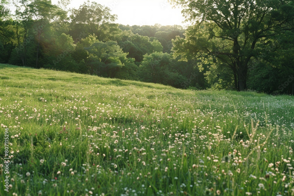Poster a field of grass with a few trees in the background