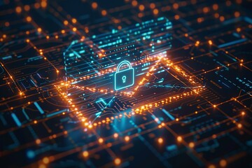 Fototapeta premium An abstract visualization of a digital lock sealing an email envelope, glowing lines of secure code encircling it, set in a cyber security environment.