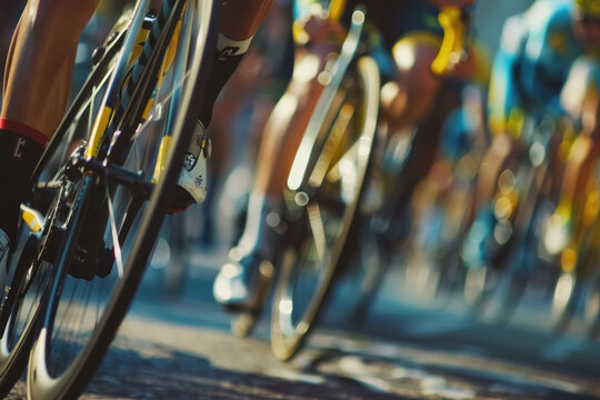dynamic close-up of cyclists in motion during a bicycle race, tour de france bicycle road race