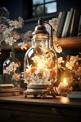 Vintage lamp on bookshelf with flowers and books in dark room