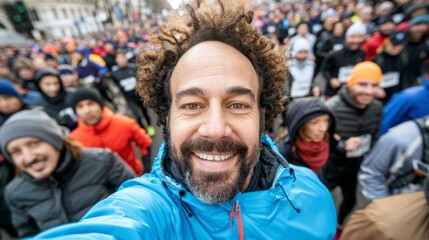   A man with dreadlocks poses for a selfie amidst a large crowd, all donning winter coats