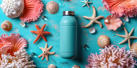 Turquoise Water Bottle with Seashells and Starfish on Turquoise Background, Tropical Summer Beach Concept
