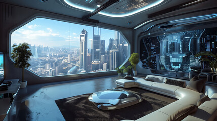 Fototapeta premium Luxurious Living Room with Futuristic City View