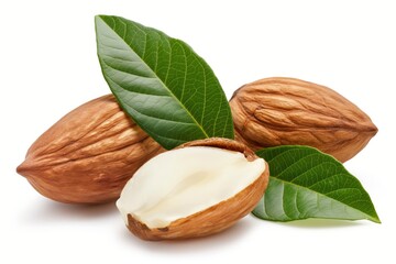 Whole and half almond with fresh green leaves isolated on white