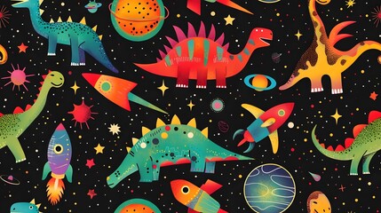 Vibrant Cosmic Dinosaur Pattern with Playful Space Elements