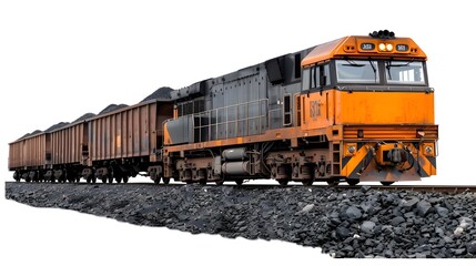 Obraz premium Powerful Locomotive Hauling Mineral-Laden Freight Cars on Rail Track