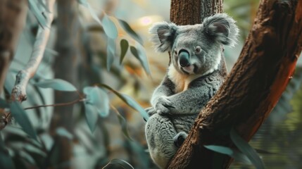 Koala Bear Sit On The Branch of the tree and eat leaves 4K Wallpaper.