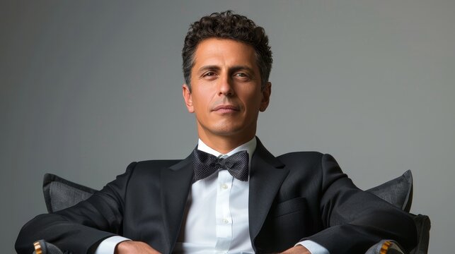   A man in a tuxedo sits in a chair, crossing his arms and folding his hands in front of him - Powered by Adobe