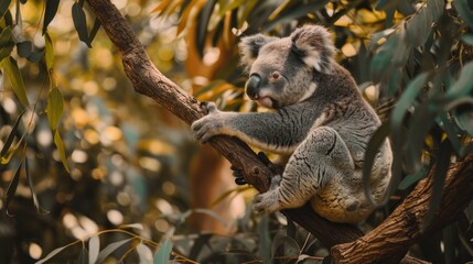 Fototapeta premium Koala Bear Sit On The Branch of the tree and eat leaves 4K Wallpaper.