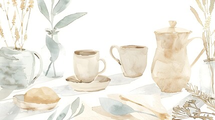 Cozy Cottagecore Watercolor Still Life with Tea Set and Botanicals