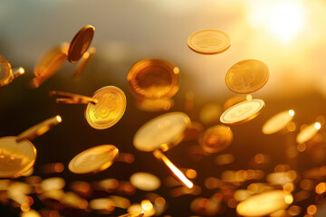 multitude of coins suspended in mid air with a warm sunlit backdrop - obrazy, fototapety, plakaty