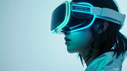 Futuristic Woman in Glowing Virtual Reality Glasses with Minimalistic Portrait Style