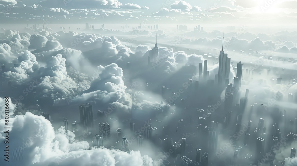 Poster 3d illustration capturing the clouds hovering over a bustling megacity, adding depth and atmosphere 