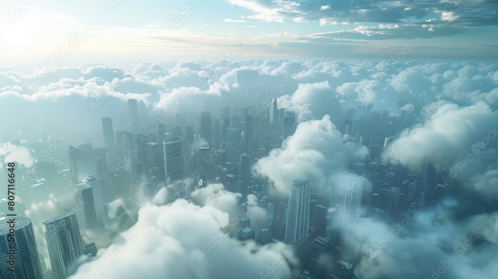 Poster 3d illustration capturing the clouds hovering over a bustling megacity, adding depth and atmosphere 