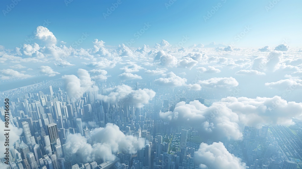 Poster 3d illustration capturing the clouds hovering over a bustling megacity, adding depth and atmosphere 