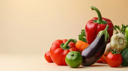 variety of fresh vegetables including red bell peppers, eggplant, and tomatoes against a light beige background