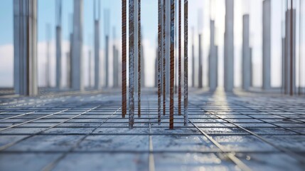 3D illustration depicting reinforced concrete columns under construction, featuring steel bars reinforcement, foundation slab, footings, and an unfinished building project. - obrazy, fototapety, plakaty