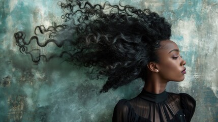 Beautiful african american woman with black hair and smoke on grunge background