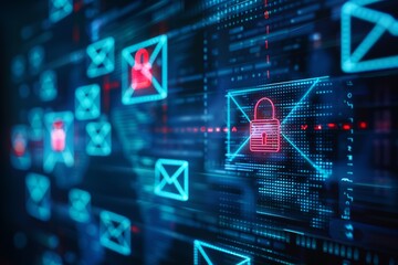 Close-up of a digital padlock clicking shut on a virtual mail interface, icons of secured messages surrounding it, emphasizing privacy protection.