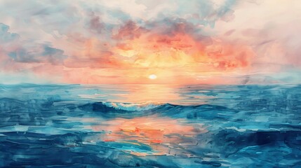 Warm and cool tones blend in a vibrant watercolor painting depicting a sunset over stylized blue...
