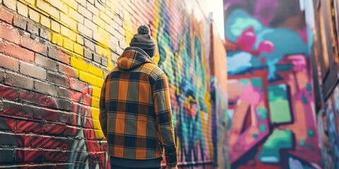 A reflective image capturing a person contemplating a vibrant graffiti wall, showcasing a meld of art and urban culture