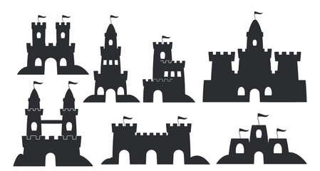 Obraz premium Vector Collection Of Different Sand Castles In Clean, Monochromatic Design, Perfect For Illustrations Of Vacations