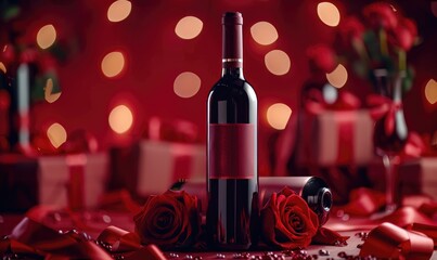 A bottle of red wine with red roses decoration. Valentine's Day festive atmosphere