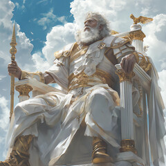 Zeus sits on his throne in a pantheon of the gods