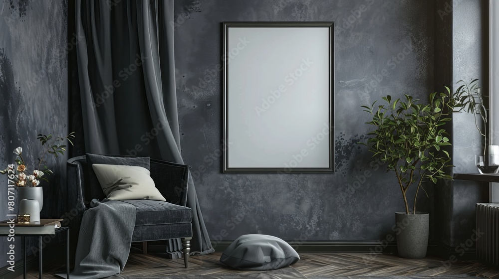 Poster a 3d render showcases a mock-up frame against a hipster background in a digital illustration.