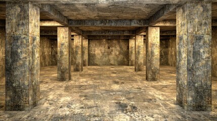   A sizable room adorned with columns, bearing substantially soiled floors