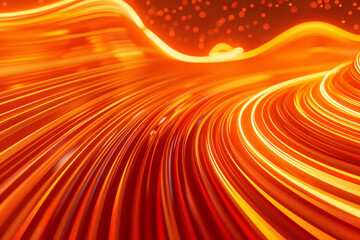 Orange and red wavy lines with a glowing light effect and floating particles in an abstract digital art style