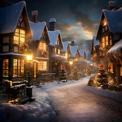 Winter night in a small village with christmas trees and houses.