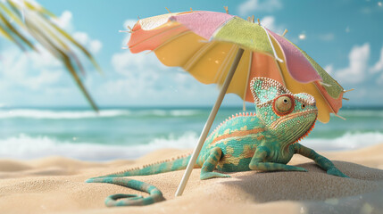 Chameleon under a beach umbrella shading itself from the sun