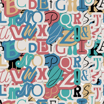 Journal cut letters seamless pattern. Vintage Colorful alphabet letters made of newspaper magazine font type typography note background. Vector design.