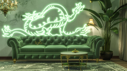 The scene is set in a high-end living room, where a plush green velvet sofa sits in front of a solid wall illuminated by a complex neon dragon design. The 