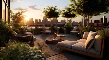 Sunset view of the terrace of a luxury house with a view of the city