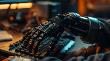Fototapeta premium Futuristic Robotic Hand Typing on Laptop at Modern Workspace. Generative ai