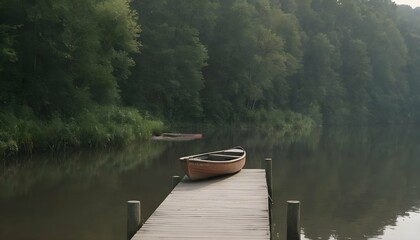 A wooden dock stretching out into a calm river wi upscaled 3