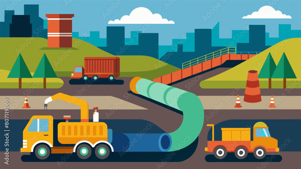 Poster constructing a temporary sewage bypass system to redirect waste during construction of new pipelines