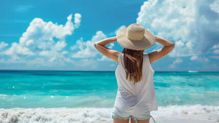 A woman in white and hat stands on the beach, holding her arms behind his back, with an ocean view and sky background.