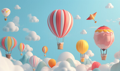 3d colorful hot air balloons and clouds flying in the sky. Background for international aerial festivals