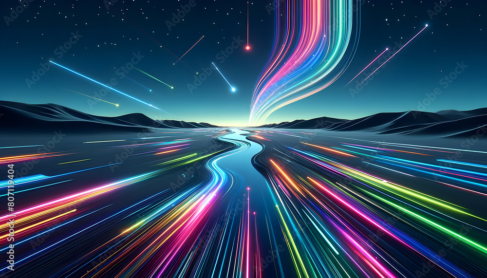 Poster the creative and colorful close-up landscape image related to artificial intelligence. The image features vibrant, digital waves and a dynamic sky that subtly incorporates elements reminiscent of circ