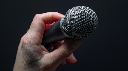 Detailed view of a hand intentionally holding a microphone, showcasing clarity and purpose, isolated with studio lighting