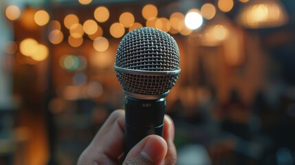 Detailed view of a microphone in hand, focus on expression of intent to speak, behind a blurred seminar room setting