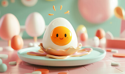3d egg character on the plate for National Egg Day. Breakfast feast