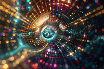 Fototapeta premium Colorful abstract depiction of a digital spiral tunnel with vibrant light effects and a rich spectrum of hues