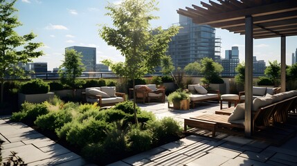 Panorama view of modern patio with outdoor furniture in the city.